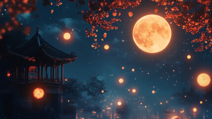 moon festival, mid-autumn festival, lantern and chinese ancient city
