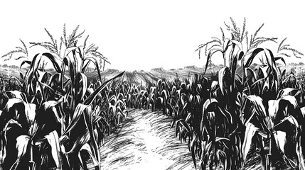 Monochromatic sketch of a cornfield with tall corn plants and a path. Black and white graphic style. Agricultural concept