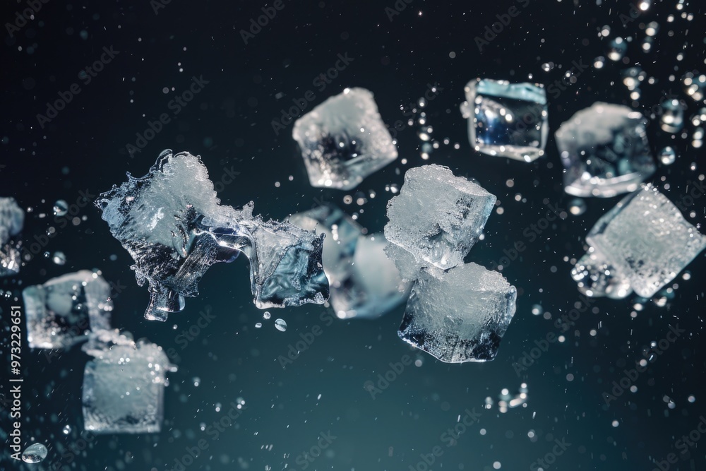 Poster A bunch of ice cubes floating on the surface of calm water, perfect for use in presentations about temperature regulation or as a background image for winter-themed designs