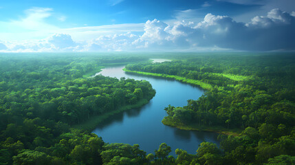 Obraz premium Aerial view of the amazon rainforest, showcasing the lush green environment and waterways in a tropical landscape. Amazon Rainforest. Illustration