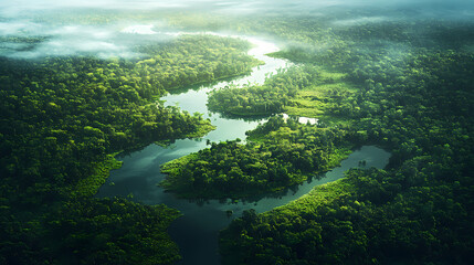Obraz premium Aerial view of the amazon rainforest, showcasing the lush green environment and waterways in a tropical landscape. Amazon Rainforest. Illustration