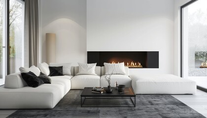 Modern Living Room with White Sectional Sofa and Fireplace