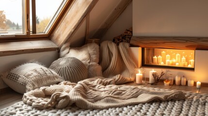 Cozy Attic Room with Fireplace and Comfortable Knitted Blankets