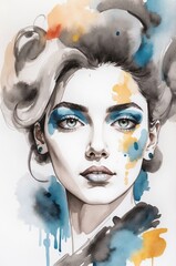Artistic Ink and Watercolor Portrait of a Fascinating Young Woman with Hair Up, Featuring Bold Color Splashes on White Background