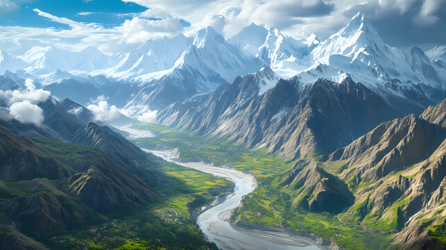 Aerial view of the indus river flowing through the snow-capped himalayan mountains in pakistan, with lush green valleys and surrounding rugged terrain. Himalayan Mountains. Illustration