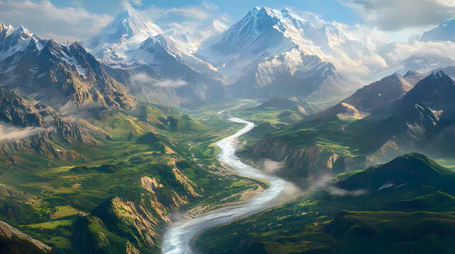 Aerial view of the indus river flowing through the snow-capped himalayan mountains in pakistan, with lush green valleys and surrounding rugged terrain. Himalayan Mountains. Illustration