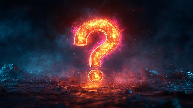 Burning question mark symbol surrounded by smoke and fire on a dark background.