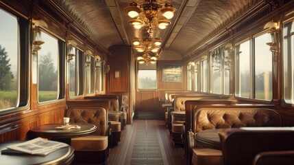 Vintage Train Car Interior with Scenic Window Views