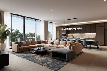Naklejka premium Spacious and Modern Open-Concept Living Area 3D Rendering