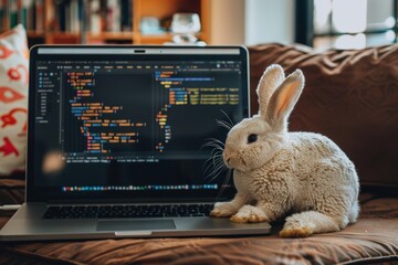 A rabbit is sitting on a laptop keyboard, generative ai image