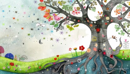 Whimsical Cherry Blossom Tree in Enchanting Landscape