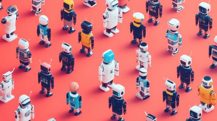 Diverse Gathering of Robots and Human Figure on Red Background