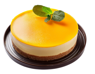 Delicious mango cheesecake with a smooth surface and mint garnish, perfect for dessert lovers and special occasions.