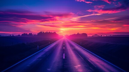 An empty asphalt road leading into a colorful sunrise with a vibrant pink and purple sky.