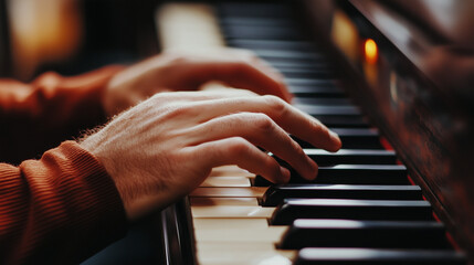 The hands of a musician playing the piano, creating an improvisation. Warm lighting adds atmosphere to the scene