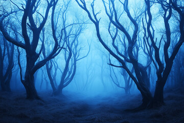 Spooky trees in the blue fog, Halloween background
