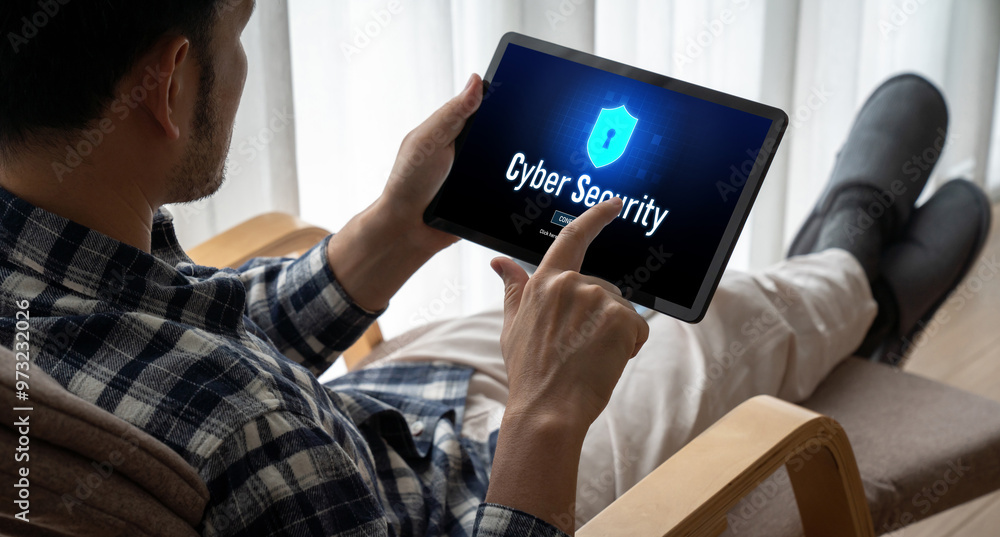 Poster cyber security system on computer screen protect private information snugly from hacker and cyber at