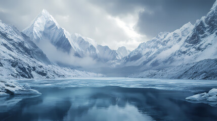 An icy mountain lake in the heart of winter, the surface frozen solid, snow-covered peaks in the background, the silence of the wilderness pervasive, photograph. Himalayan Mountains. Illustration