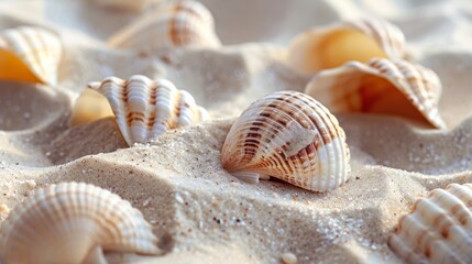 Array of seashells partially buried in soft, light-colored sand, with a focus on the unique surface details and gentle curves of each shell