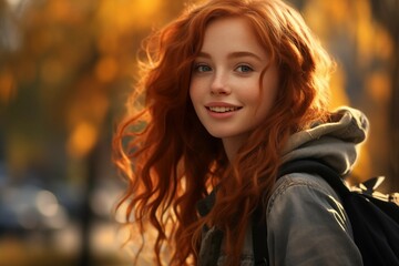 Obraz premium A redhead girl, happy and smiling, autumn park in the background