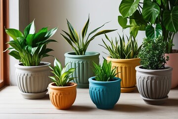 Fototapeta premium Ensemble of Colorful Indoor Plants in Decorative Cement Pots for a Cheerful Ambiance