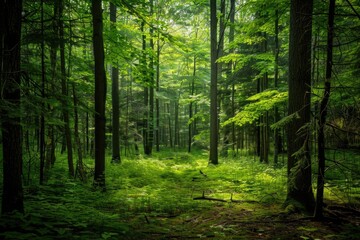 Obraz premium A dense forest with numerous green trees, ideal for nature and outdoor themes