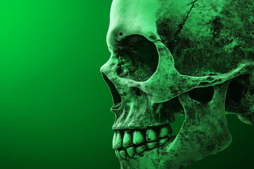Scary glowing green skull in profile on dark gradient background, Halloween horror death concept