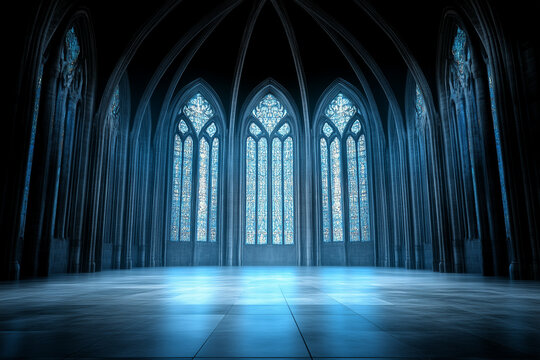 Gothic Window Horror Scene, dark and foggy interior of church