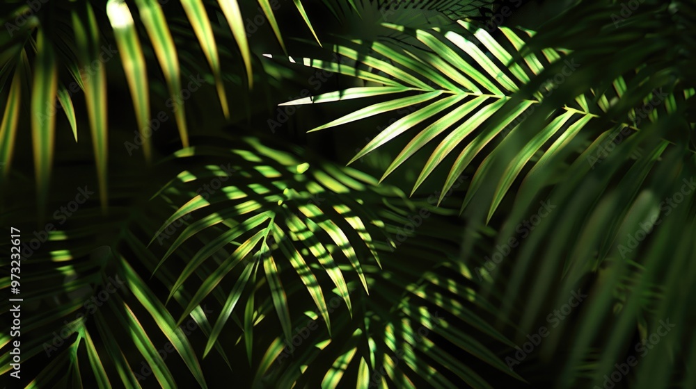 Poster a detailed view of multiple palm leaves with intricate details