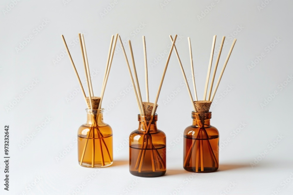 Poster a pair of brown bottles with sticks inserted into their necks