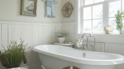 Fototapeta premium Serene Coastal Style Bathroom Interior with Freestanding Tub