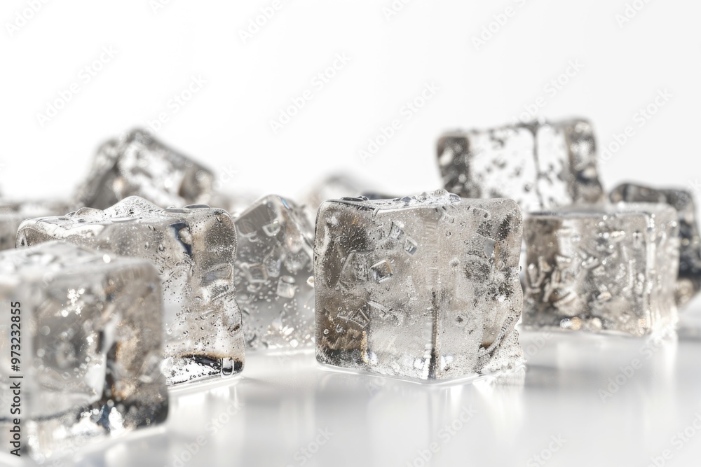 Poster frozen ice cubes arranged on a table
