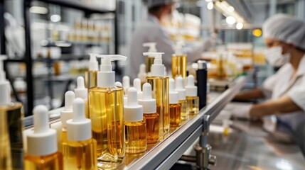 Assembly line of beauty products with workers in the background Close-up photo with clean background