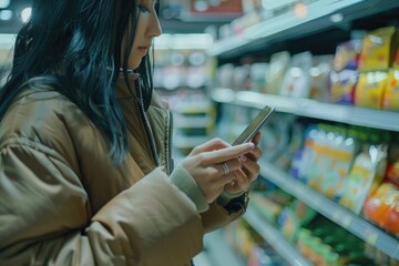 Woman examining phone in a grocery store aisle