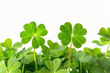 Close-up shot of four leaf clover plants growing in a small pot, ideal for use as a symbol or motif in designs related to good luck and prosperity