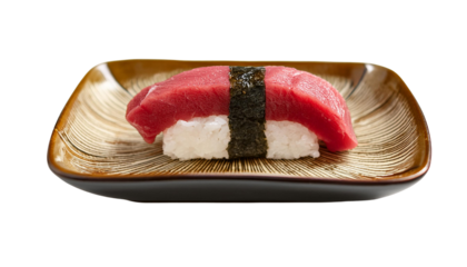 Delicious sushi with fresh tuna and rice on a decorative plate. Perfect for culinary or food-related projects.