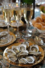 Fototapeta premium Elegant Champagne Toast with Fresh Oysters Holiday Celebration
