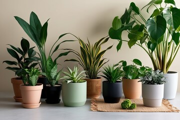Fototapeta premium Collection of Varied Houseplants in Soft Tones on Table Surface