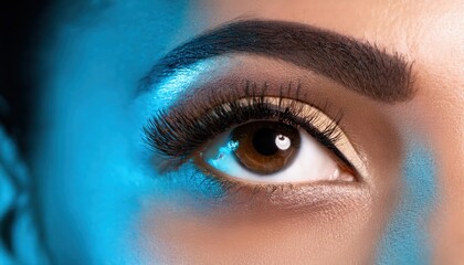 Close-Up of a Beautifully Defined Female Eye with Bold Eyebrows, Long Lashes, and Neutral Eyeshadow, Highlighting Smooth Skin Texture and Flawless Makeup Application