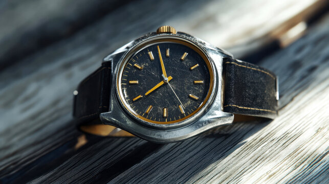 Vintage Watch with Black Leather Strap on Wooden Surface