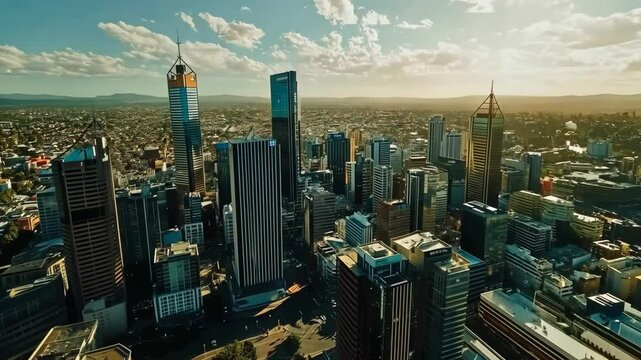 Stunning aerial view of the vibrant Perth skyline under a bright blue sky in the golden hour