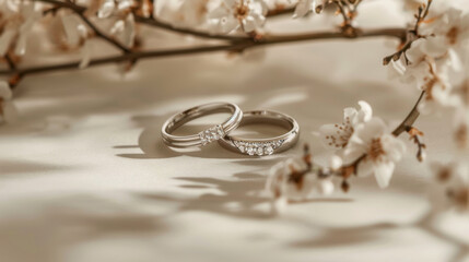 Elegant Wedding Rings Amidst Blossoming Branches on Neutral Background