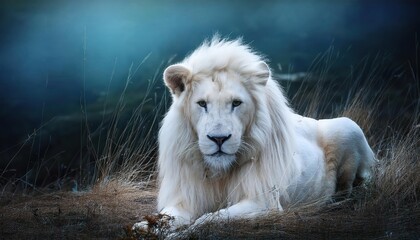 Obraz premium Majestic White Lion Resting in a Serenely Lit Grassland During Twilight, Displaying Its Regal Stature and Ethereal Beauty Against a Moody Blue Background