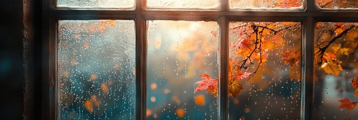 autumn scenery after window, rainy day, rain on window 