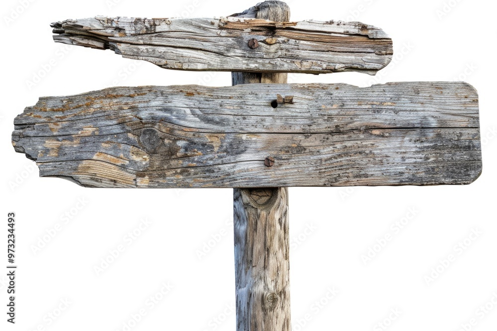 Poster A wooden sign post with two arrows pointing in opposite directions, suitable for use as an icon or symbol