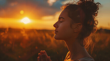 Serene Woman Meditating in Golden Sunset Fields
