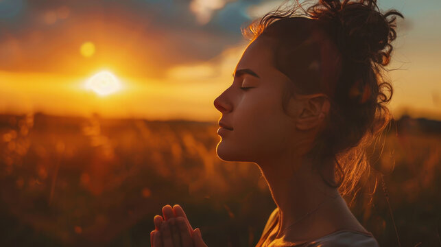 Serene Woman Meditating in Golden Sunset Fields