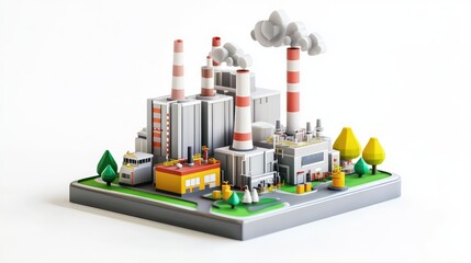 Cute and playful 3D icon of a power plant with small turbines and colorful accents, designed against a white background for a clean, modern look