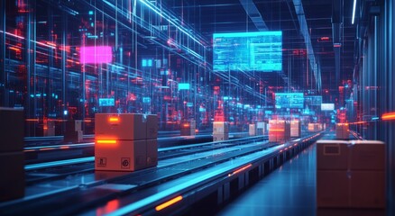 Fototapeta premium Smart warehouse management system using augmented reality technology to identify package picking and delivery . Future concept of supply chain and logistic business 