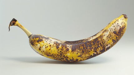 A close-up shot of a ripe banana with brown spots, perfect for food and snack photography or as a prop in a kitchen setting